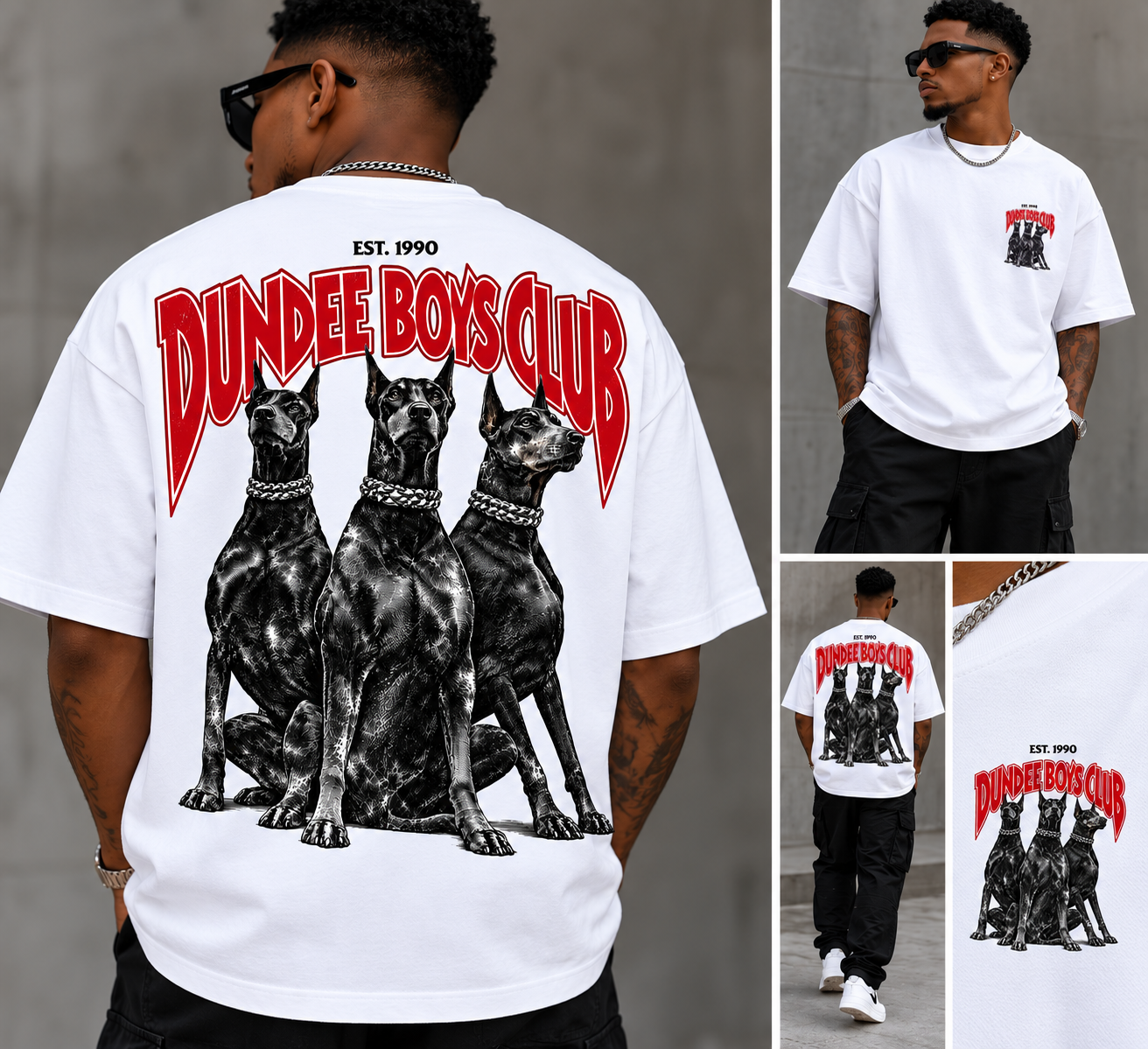 Three Dogs white Dundee Boys Club T-shirt showing front, back and print details