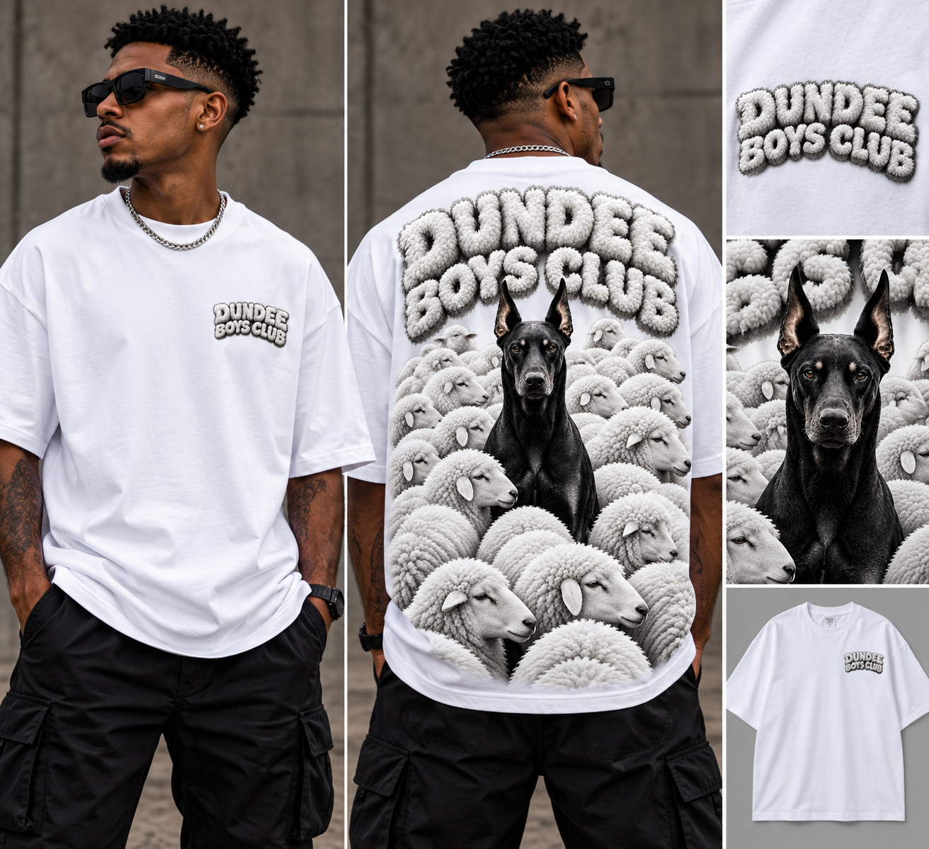 Stand Apart white Dundee Boys Club T-shirt showing front, back and print details
