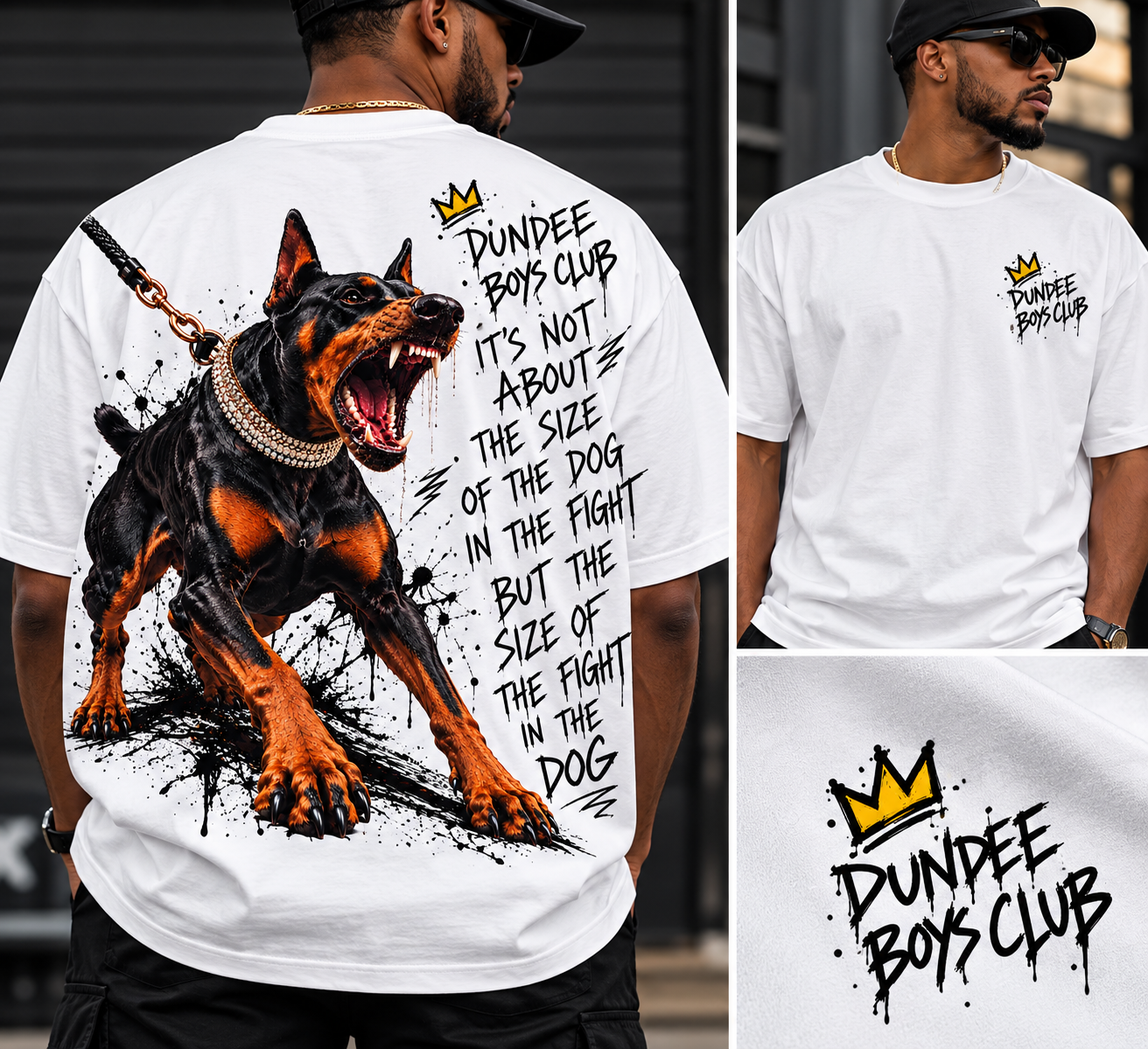 Fight in the Dog white Dundee Boys Club T-shirt showing front, back and print details