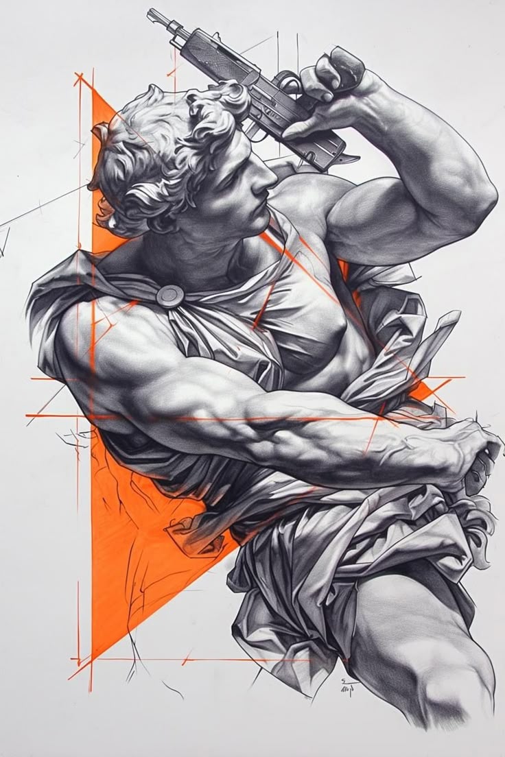 Grey classical figure artwork with orange geometric accents